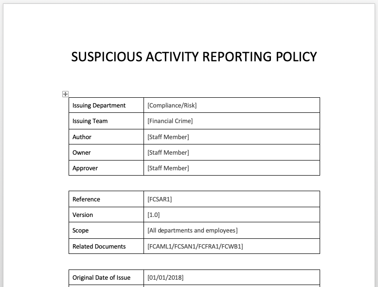 suspicious activity reporting policy